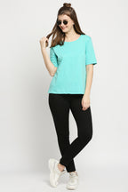 Autumn Hues Women Sea Green Solid Cotton T-shirt