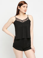 Autumn Hues Women Black Pure Cotton Shoulder Strap Top With Lace Detailing