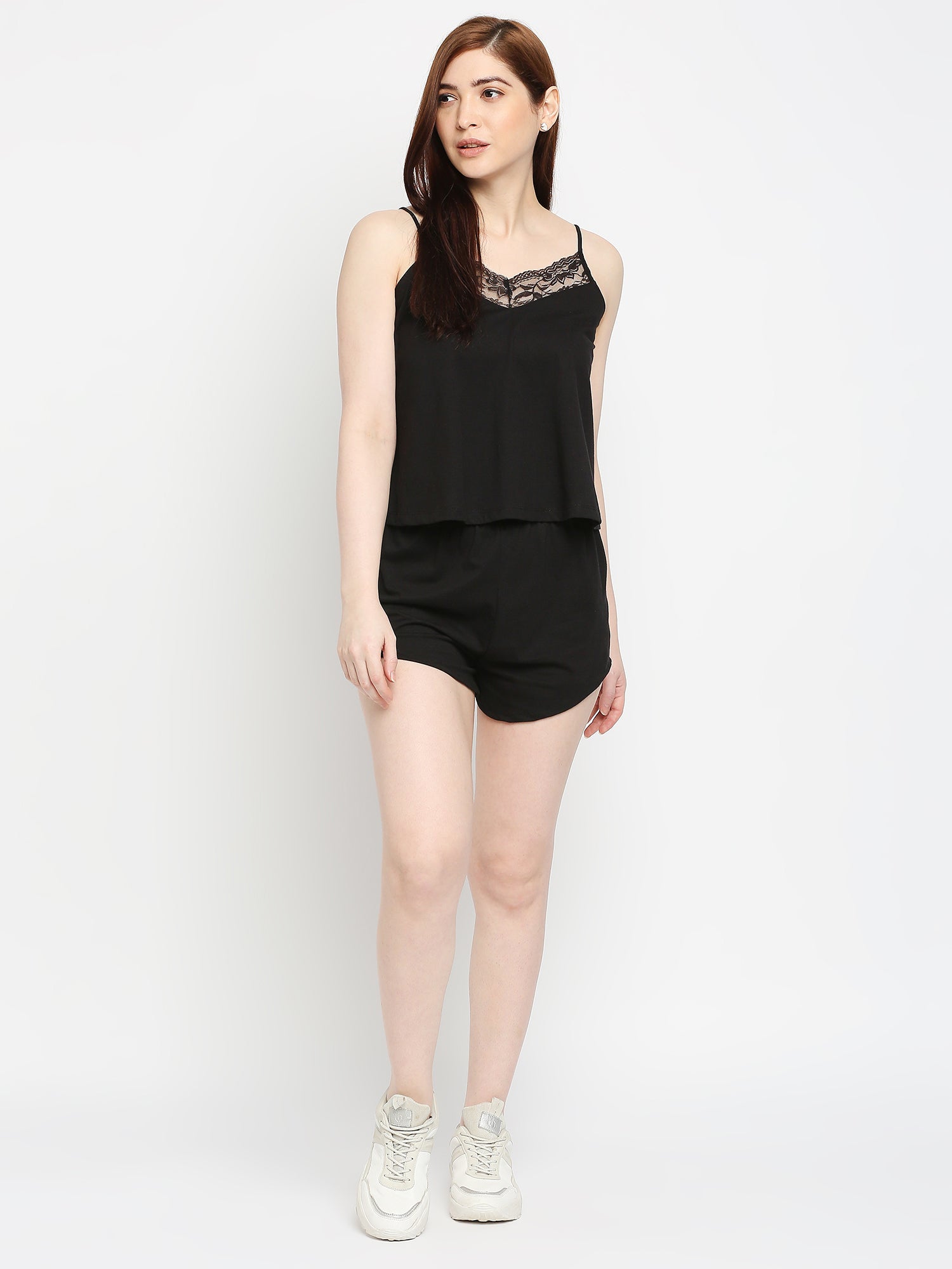 Autumn Hues Women Black Pure Cotton Shoulder Strap Top With Lace Detailing