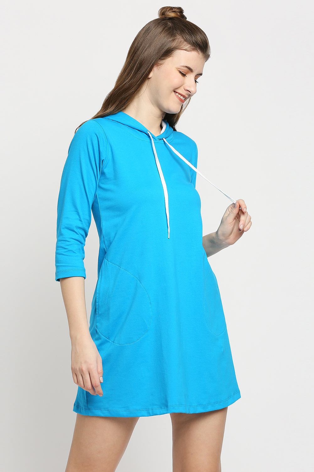 Autumn Hues Blue Hooded T-shirt Mini Dress