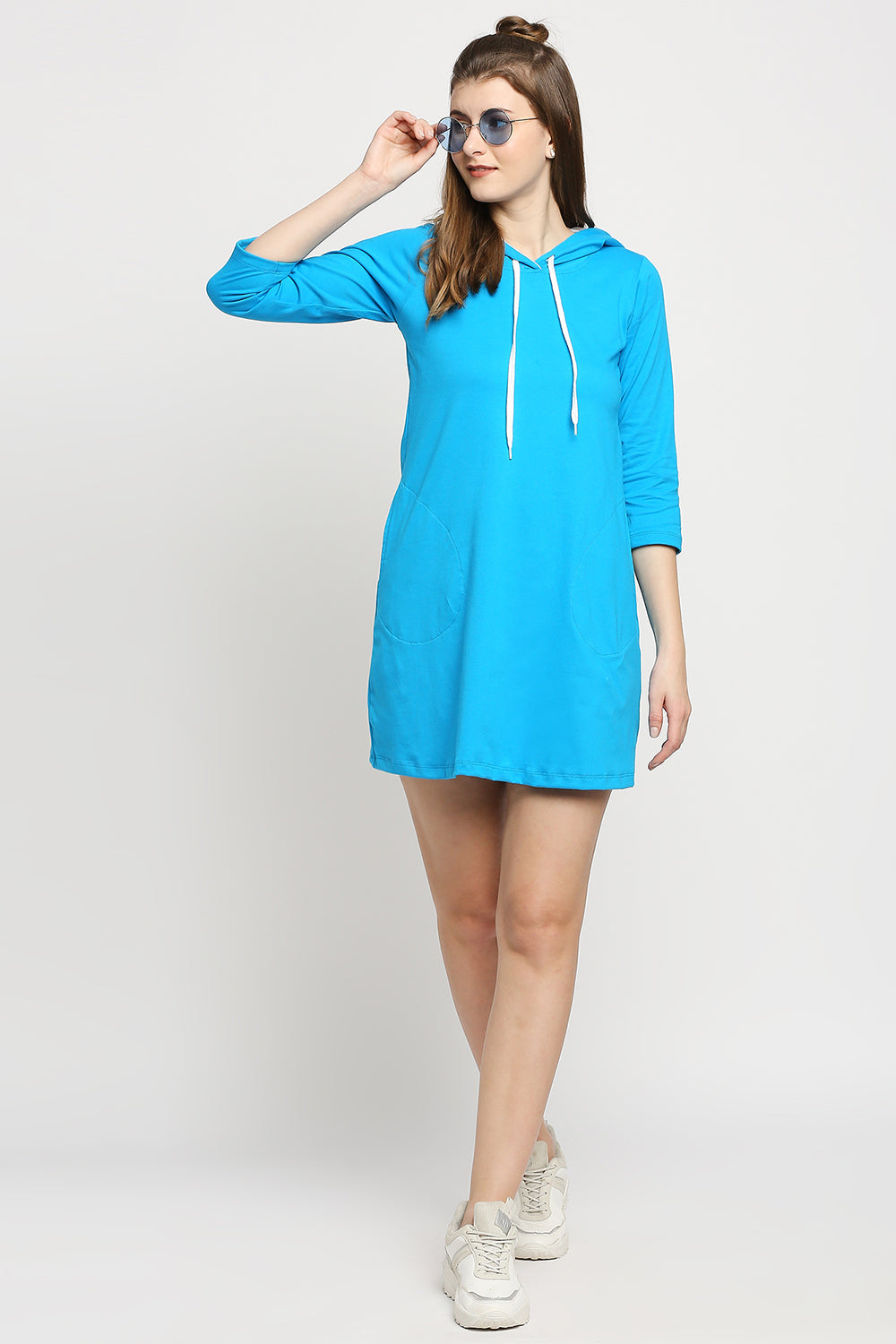 Autumn Hues Blue Hooded T-shirt Mini Dress