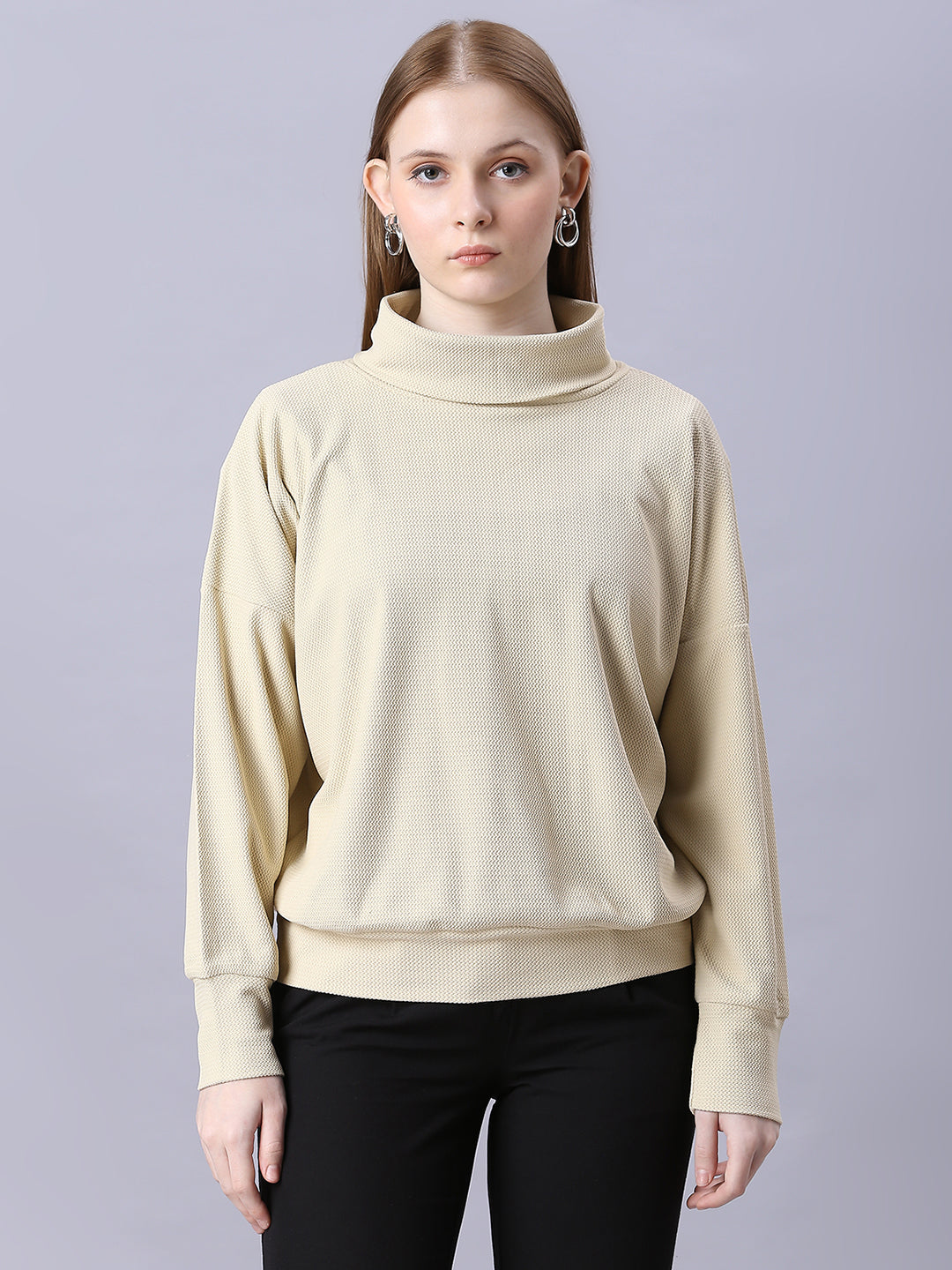 Autumn Hues Women Cotton Full Sleeve Turtle Neck Top with Down Shoulder