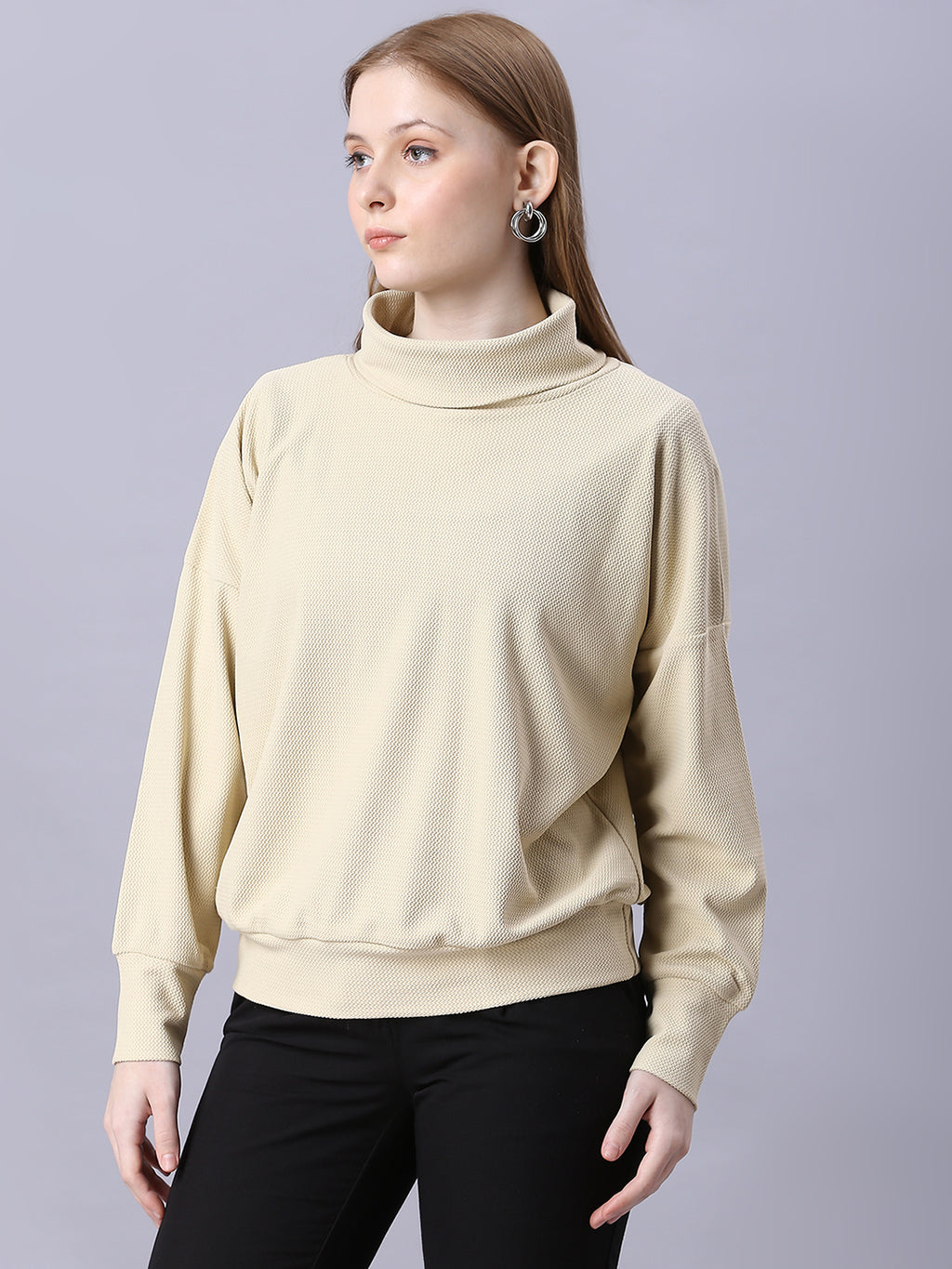 Autumn Hues Women Cotton Full Sleeve Turtle Neck Top with Down Shoulder