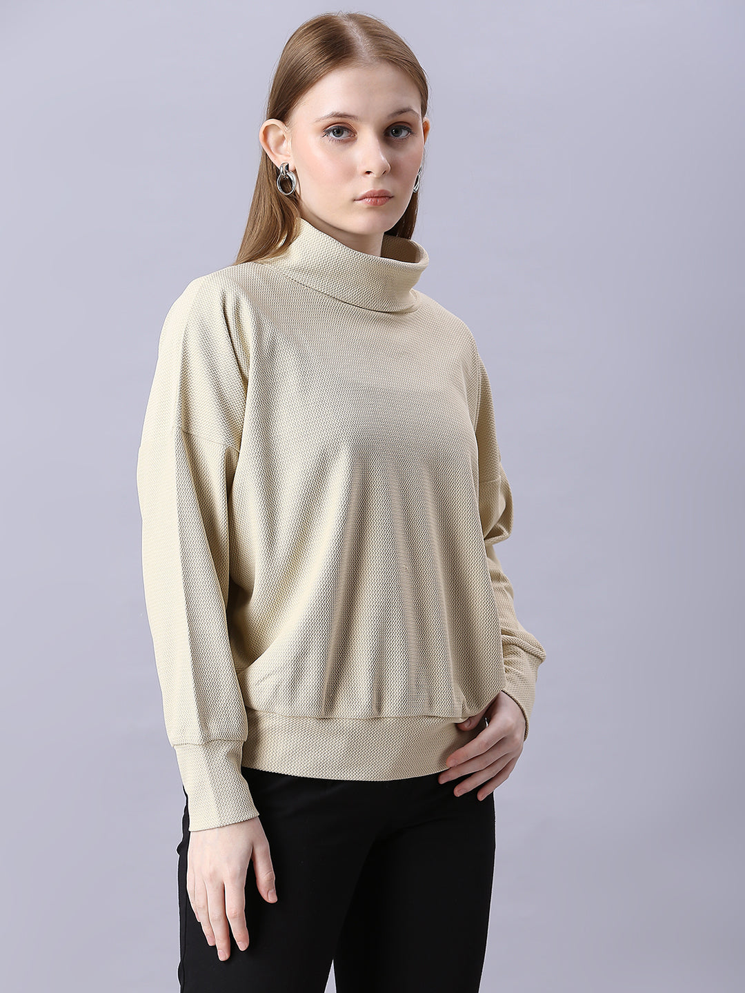 Autumn Hues Women Cotton Full Sleeve Turtle Neck Top with Down Shoulder