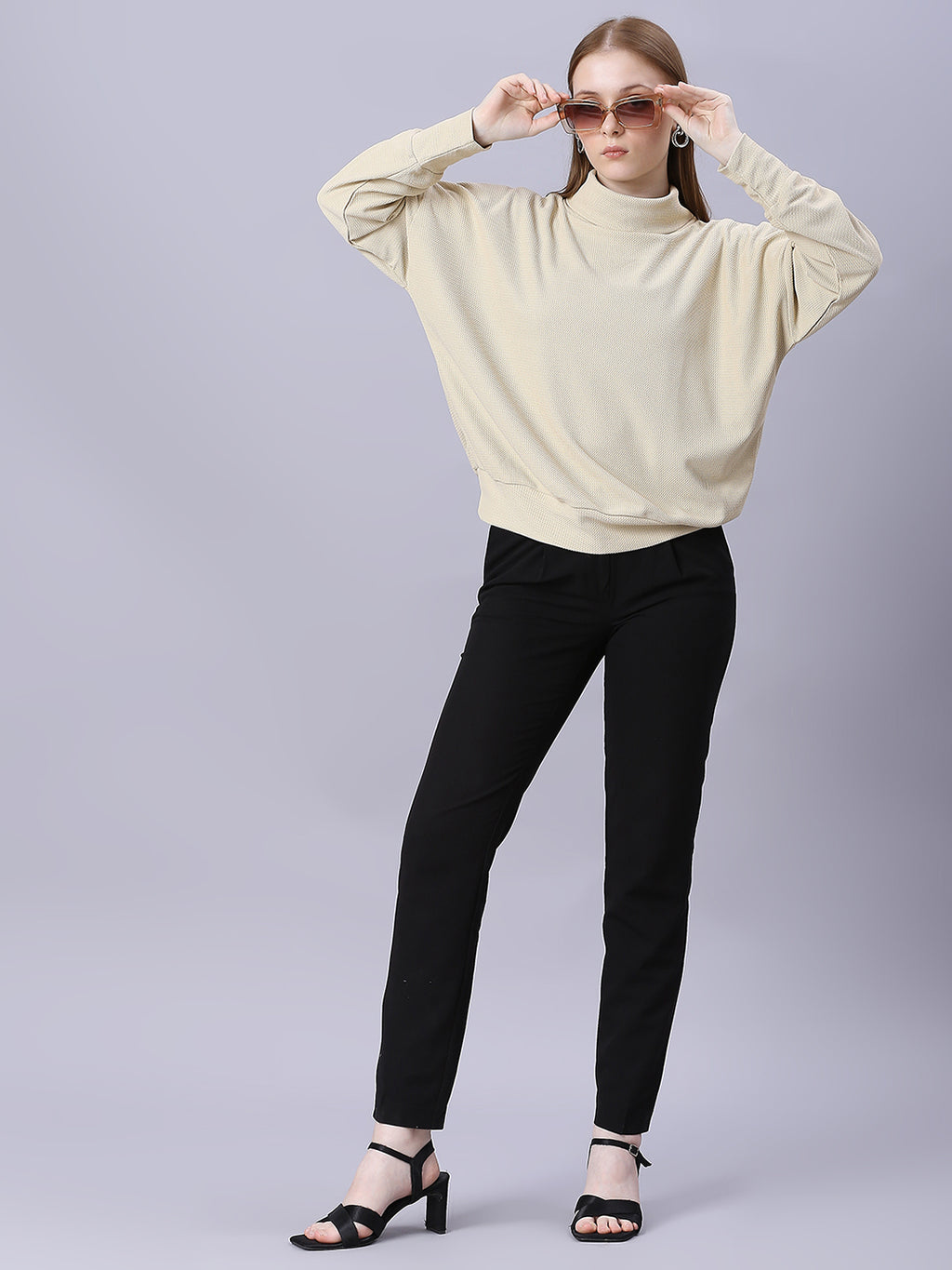Autumn Hues Women Cotton Full Sleeve Turtle Neck Top with Down Shoulder
