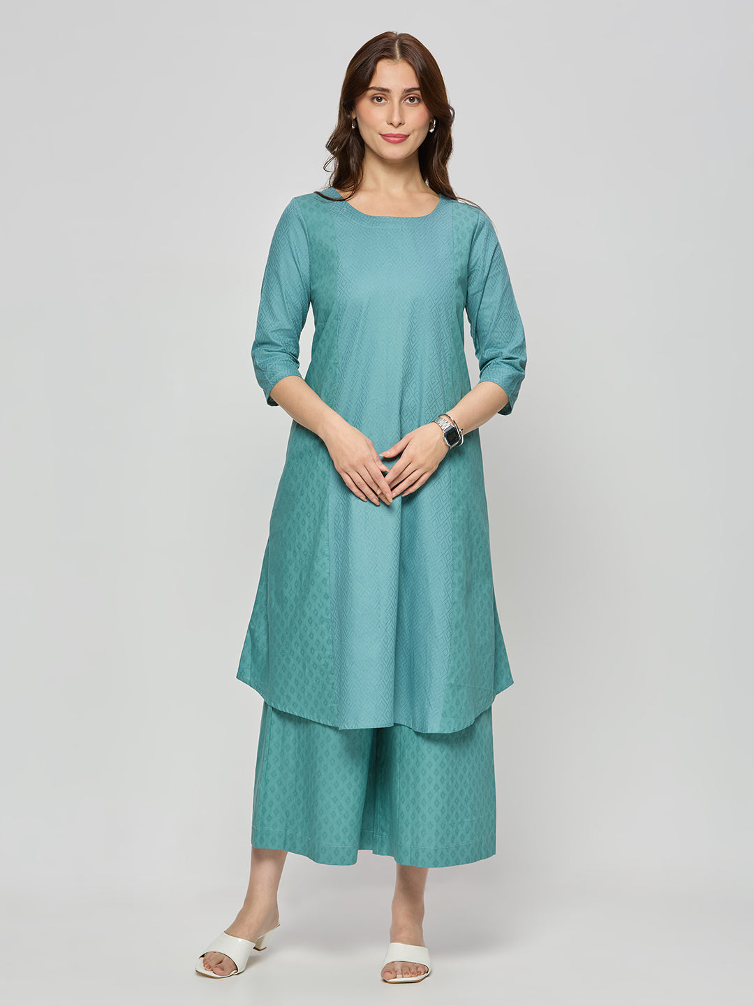 Cotton jacquard coord kurta and pants.