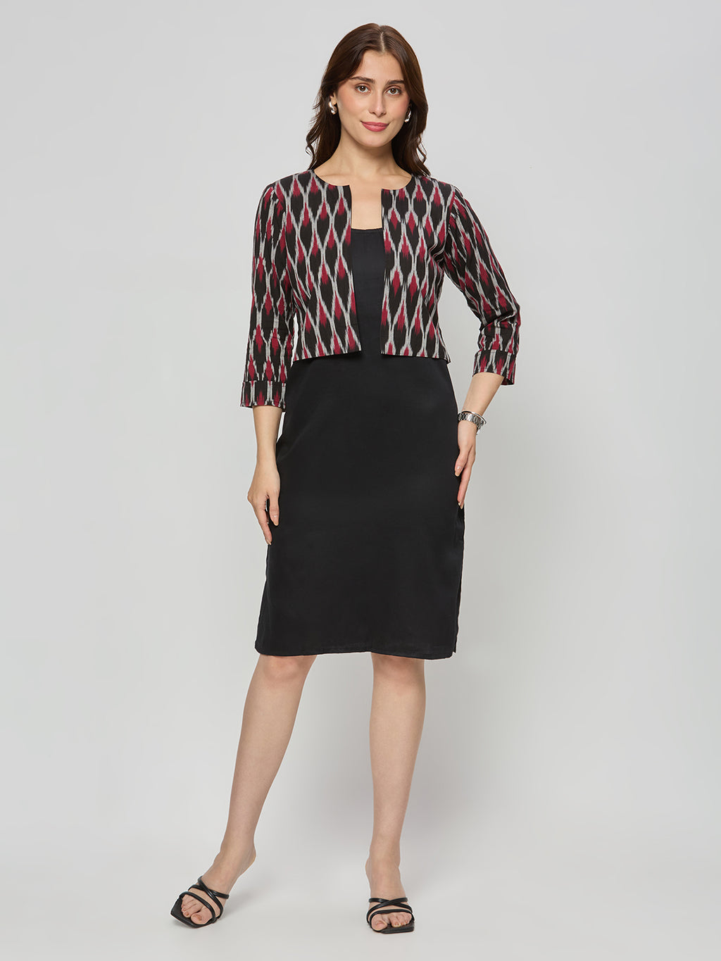Cotton satin shift dress with Ikat jacket