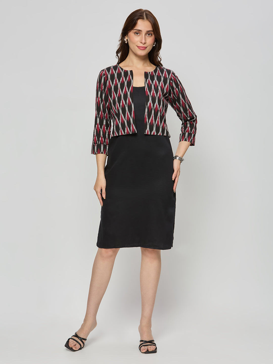 Cotton satin shift dress with Ikat jacket