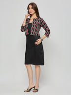 Cotton satin shift dress with Ikat jacket