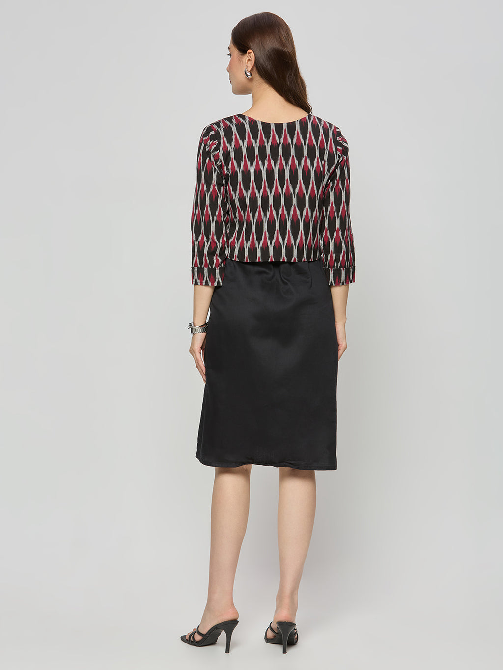 Cotton satin shift dress with Ikat jacket