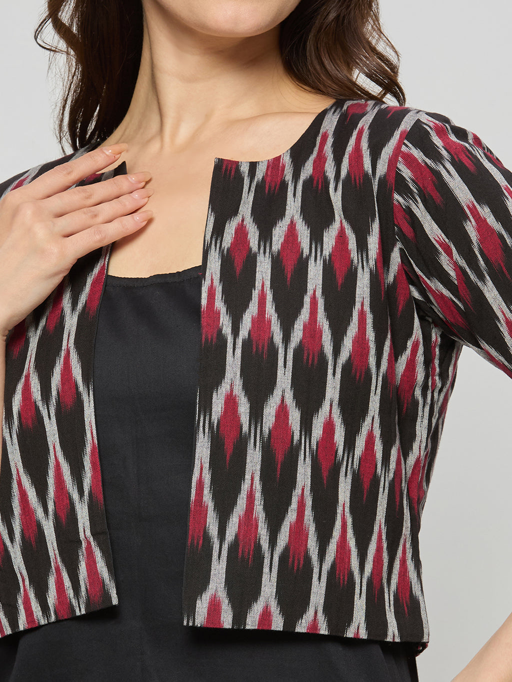 Cotton satin shift dress with Ikat jacket