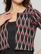 Cotton satin shift dress with Ikat jacket