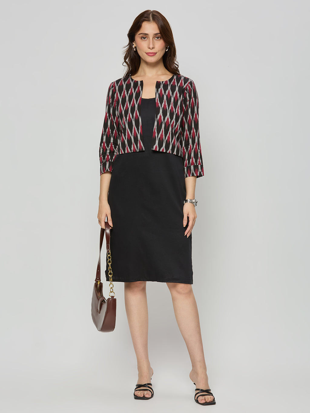 Cotton satin shift dress with Ikat jacket