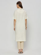Linen cotton formal dress with collar and front pleat detailing
