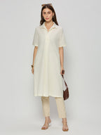 Linen cotton formal dress with collar and front pleat detailing