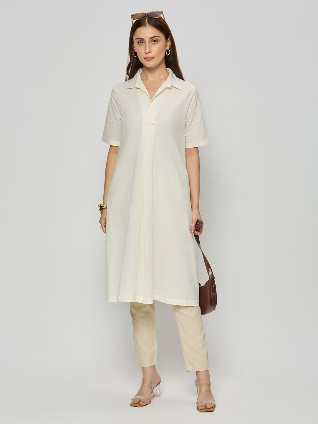 Linen cotton formal dress with collar and front pleat detailing