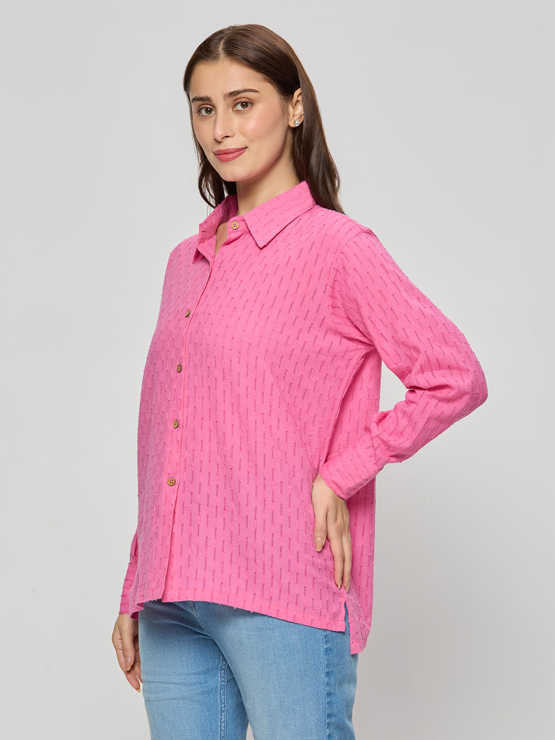 Pink shirt in cotton jacquard