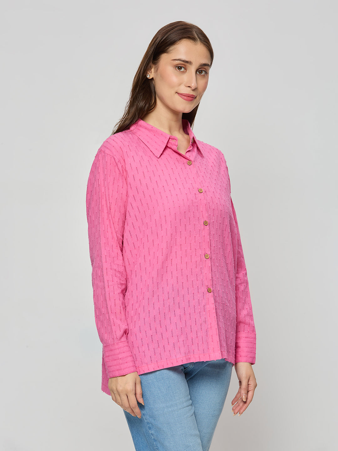 Pink shirt in cotton jacquard