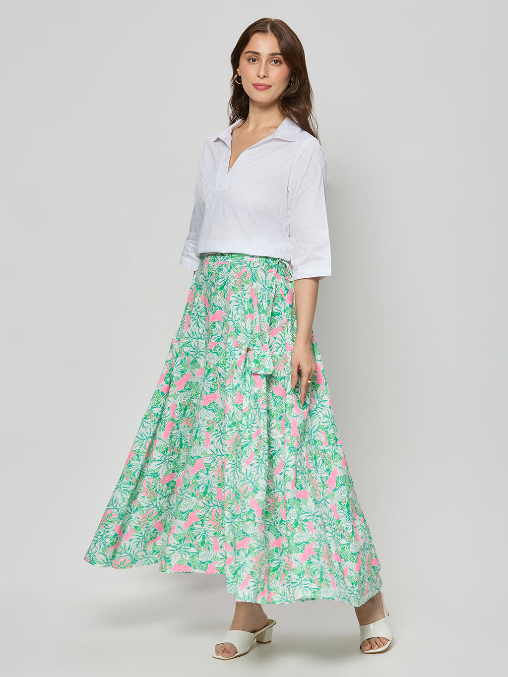 White cotton satin textured top with skirt.