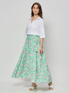 White cotton satin textured top with skirt.
