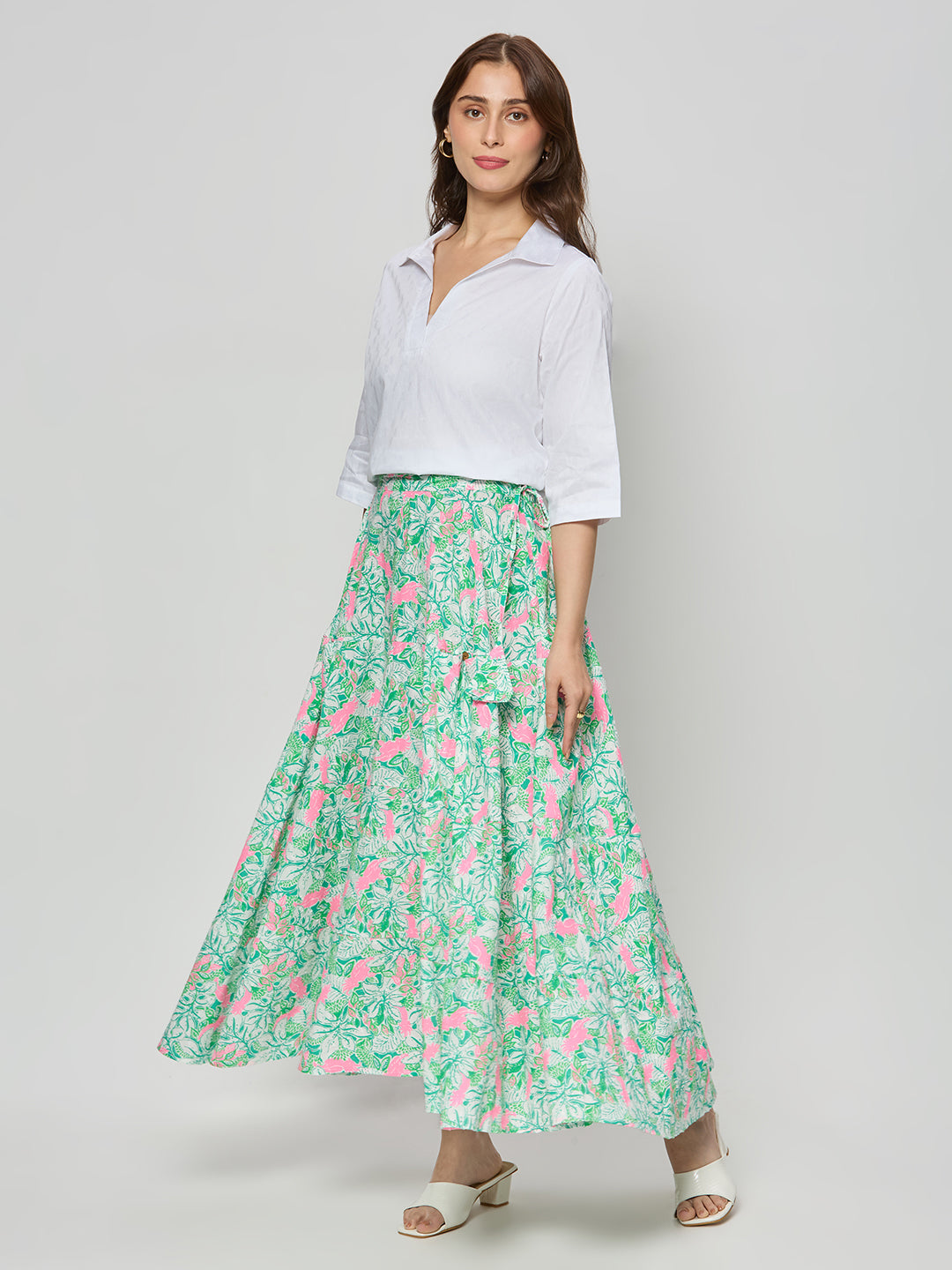 White cotton satin textured top with skirt.