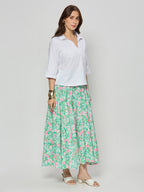 White cotton satin textured top with skirt.