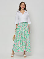 White cotton satin textured top with skirt.