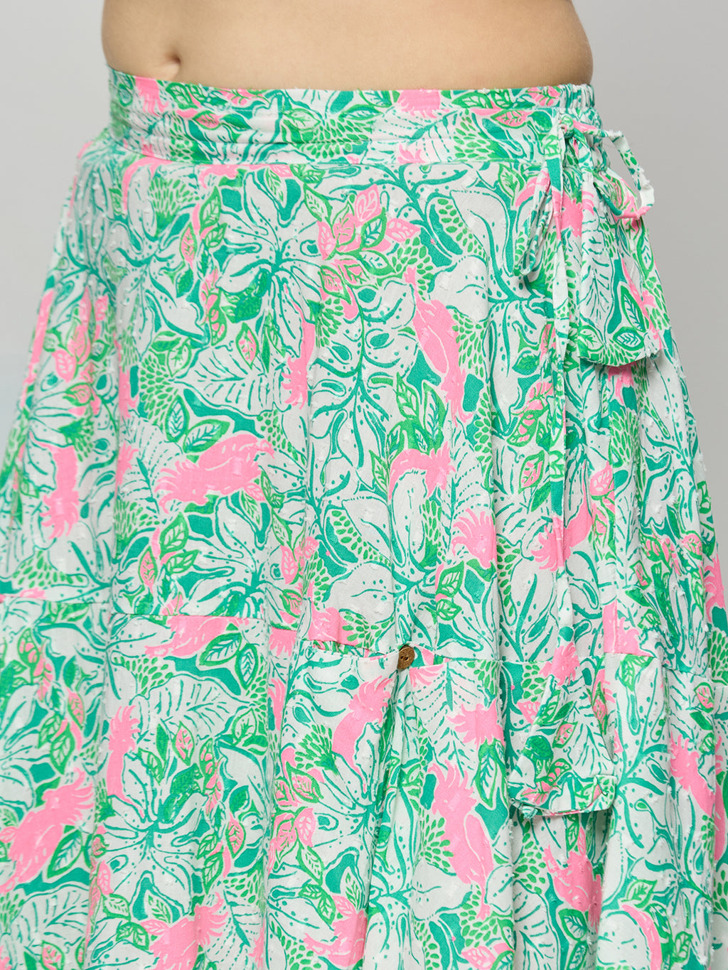 White cotton satin textured top with skirt.