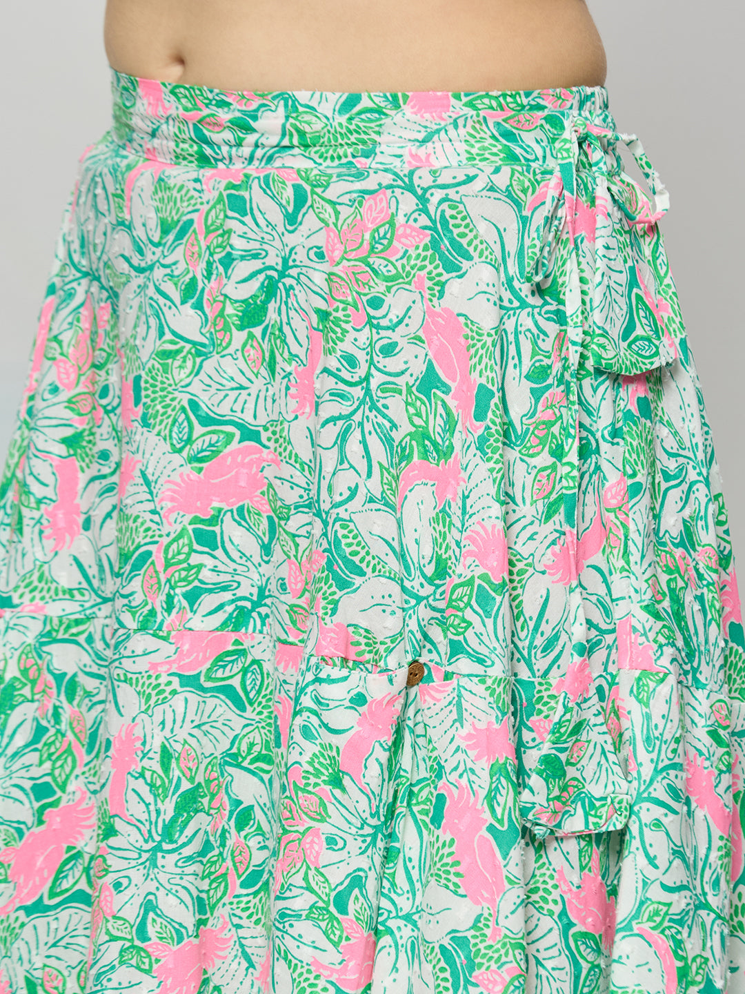 White cotton satin textured top with skirt.