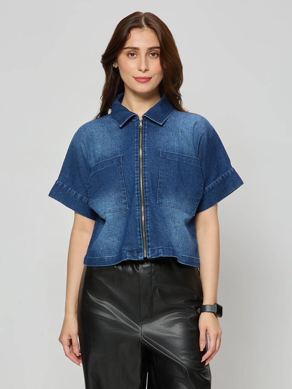 Denim zipper crop jacket