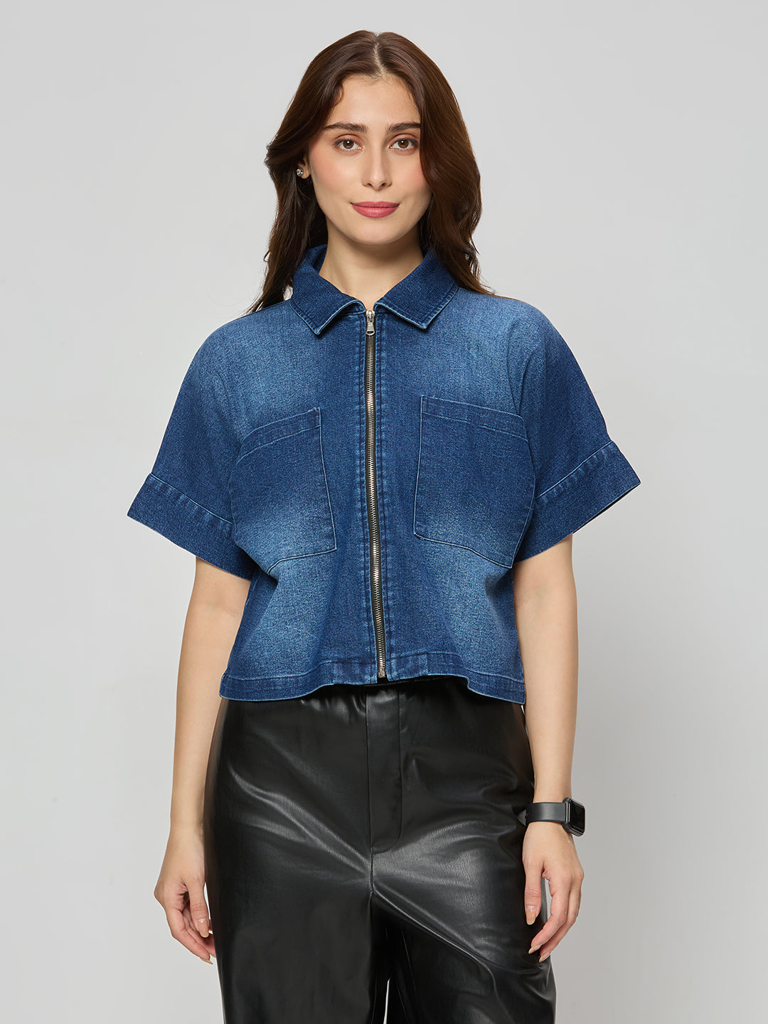 Denim zipper crop jacket
