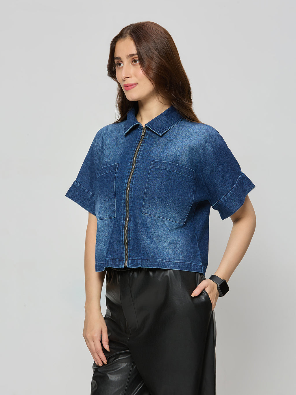 Denim zipper crop jacket
