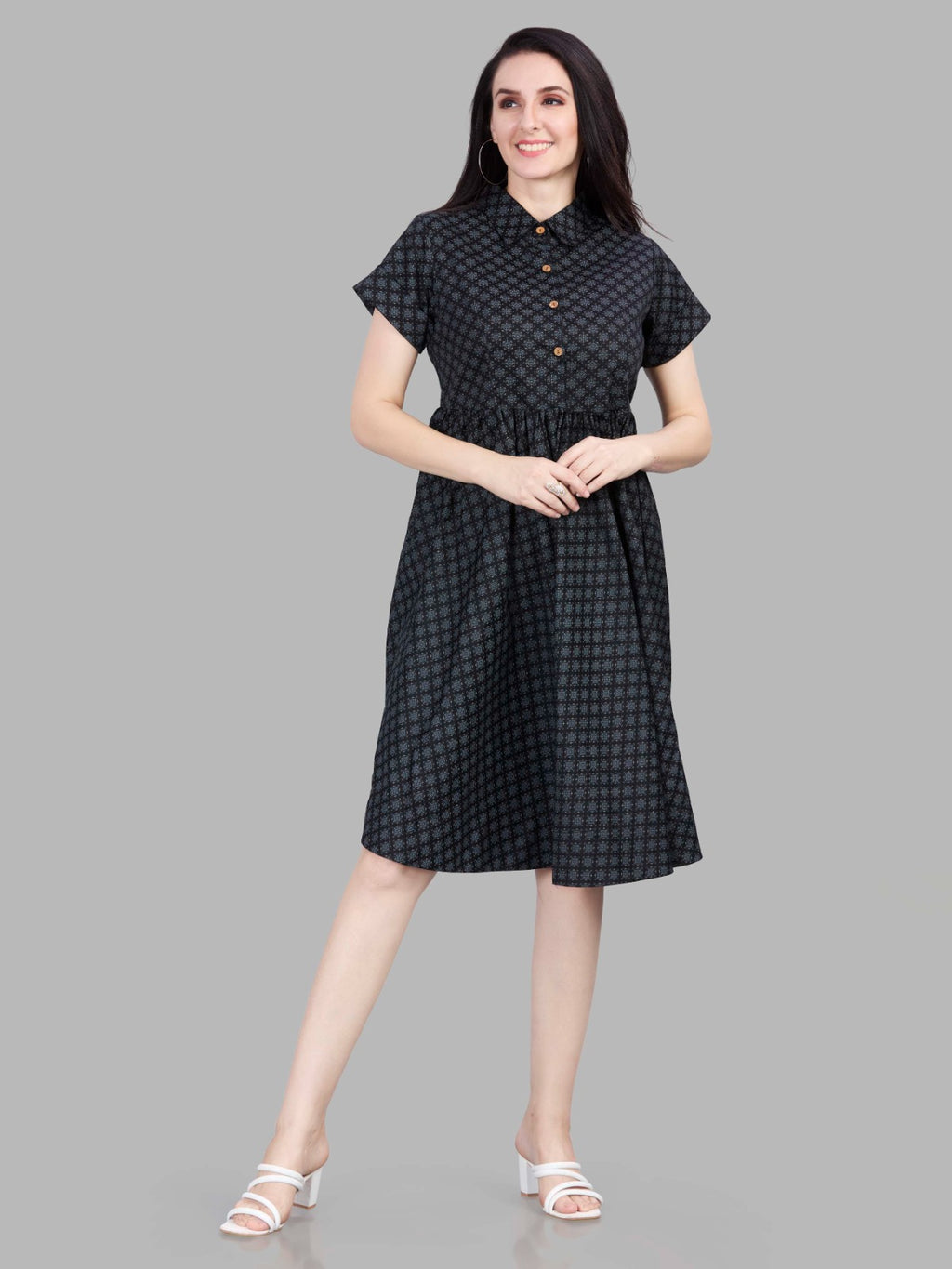 Autumn Hues Women Cotton Abstract Printed Shirt Dress