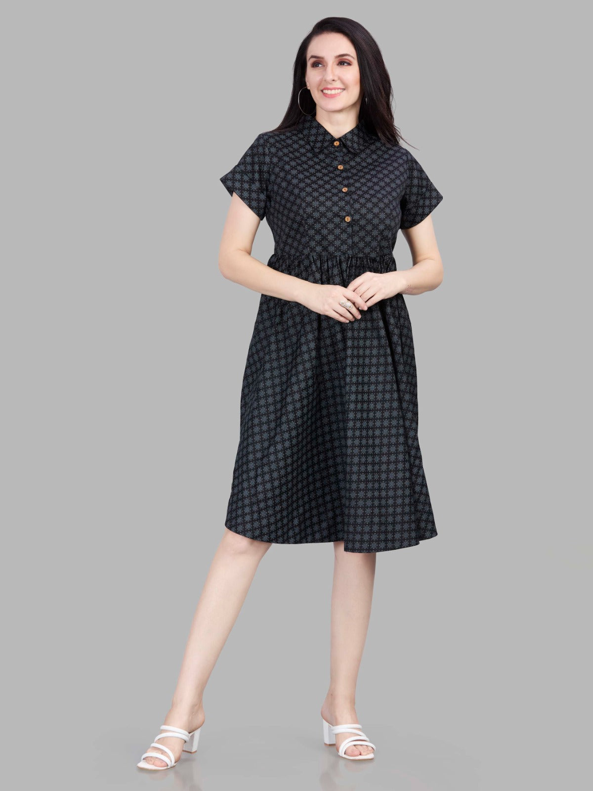 Autumn Hues Women Cotton Abstract Printed Shirt Dress
